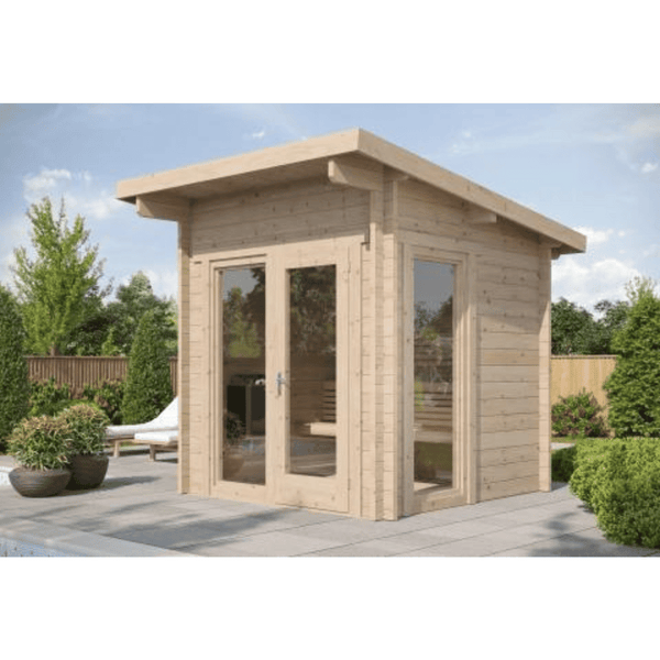 G4 Sauna - 6 Person | Western Sol wooden outdoor sauna cabin with glass doors and windows, placed on a stone patio surrounded by greenery and garden plants.