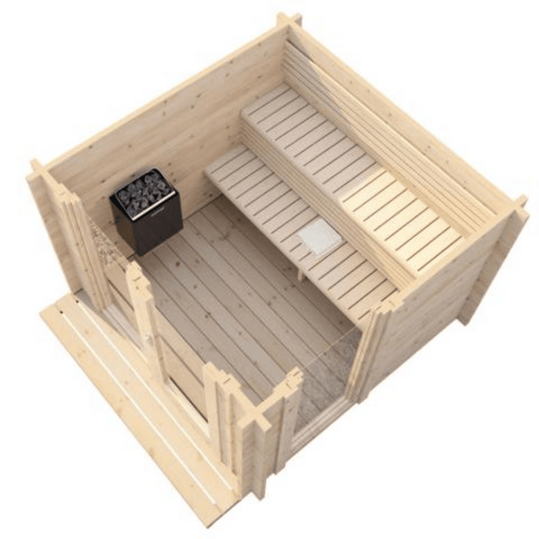 Interior view of a wooden sauna cabin with tiered bench seating and a heater, designed for multiple users to relax in the G4 Sauna - 6 Person | Western Sol.