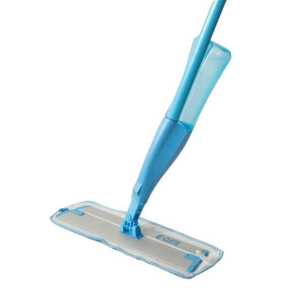 Blue microfiber spray mop with a refillable liquid container and flat rectangular cleaning pad, designed for efficient floor cleaning, called Microfiber Spray Mop | Force of Nature.