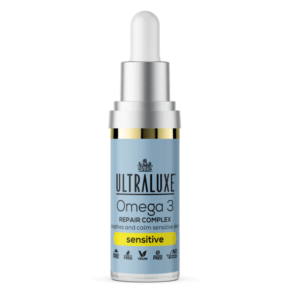 Ultraluxe Skincare Omega-3 Repair Complex (Sensitive) in a blue dropper bottle designed to soothe and calm sensitive skin, featuring vegan and cruelty-free skincare benefits.
