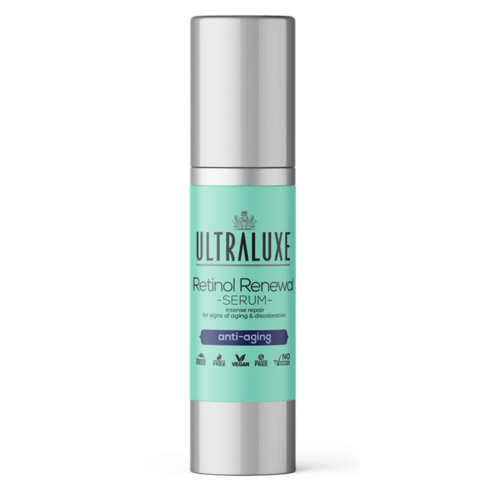 Bottle of Retinol Renewal Serum | Ultraluxe Skincare with turquoise label and silver cap, promoting anti-aging benefits and vegan, cruelty-free skincare.