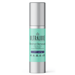 Bottle of Retinol Renewal Serum | Ultraluxe Skincare with turquoise label and silver cap, promoting anti-aging benefits and vegan, cruelty-free skincare.