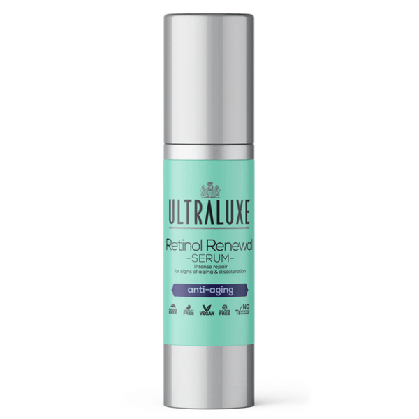 Bottle of Retinol Renewal Serum | Ultraluxe Skincare with turquoise label and silver cap, promoting anti-aging benefits and vegan, cruelty-free skincare.