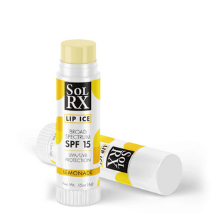 Lip Ice SPF 15 Lip Balm | SolRX in lemonade flavor, providing broad spectrum UVA/UVB protection for skincare and lip care.