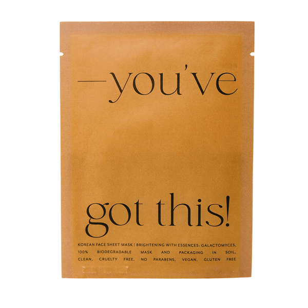 Korean Sheet Mask - You've Got This | Lucky Owl in minimalist brown biodegradable packaging with motivational text, promoting brightening, vegan, and cruelty-free skincare.