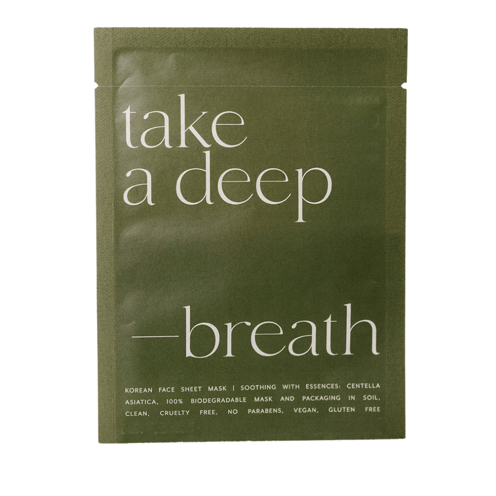 Korean Sheet Mask - Take a Deep Breath | Lucky Owl skincare product in green biodegradable packaging with soothing centella asiatica essence, cruelty free and vegan.