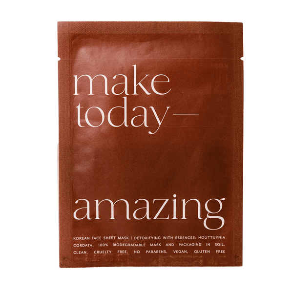 Korean Sheet Mask - Make Today Amazing | Lucky Owl packaged in a brown biodegradable pouch promoting detoxifying, vegan, gluten-free skincare with natural essences for a refreshing spa experience.