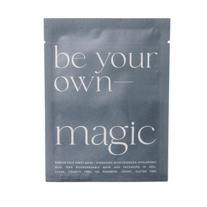 Packaging of Korean Sheet Mask - Be Your Own Magic | Lucky Owl in gray with white text highlighting its hydrating, cruelty-free, vegan, and biodegradable skincare benefits.