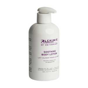 White pump bottle of Soothing Body Lotion | Alchimie Forever with skincare benefits including nourishment, soothing, calming, and anti-aging properties.