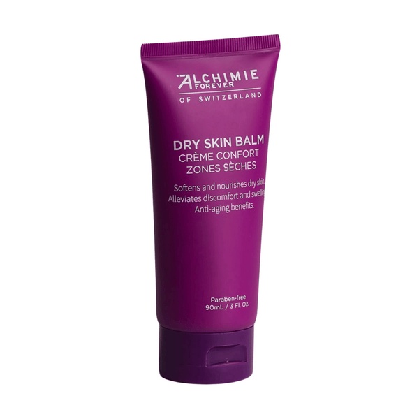 A purple tube of Dry Skin Balm | Alchimie Forever designed to soften and nourish dry skin, alleviate discomfort, and provide anti-aging benefits in skincare.