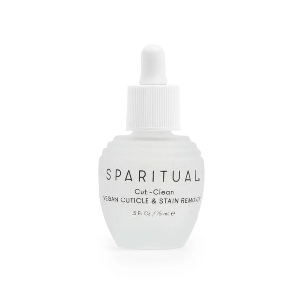 A clear dropper bottle of Cuti-Clean Vegan Cuticle & Stain Remover | Sparitual designed for skincare and nail care routines.