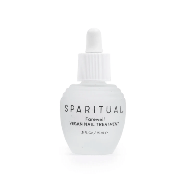 Clear frosted glass bottle with white dropper cap containing Farewell Vegan Nail Treatment | Sparitual, designed for nail care and wellness.