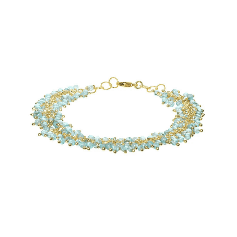 Fringe Bracelet | Catherine Weitzman Jewelry featuring delicate gold chains intertwined with light blue gemstone beads creating a textured, elegant accessory.