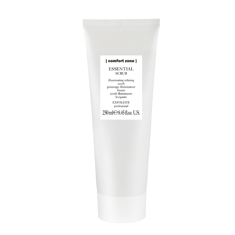 White tube of Essential Scrub Professional | [ comfort zone ] with simple label highlighting illuminating refining exfoliating scrub for skincare and body care routines.