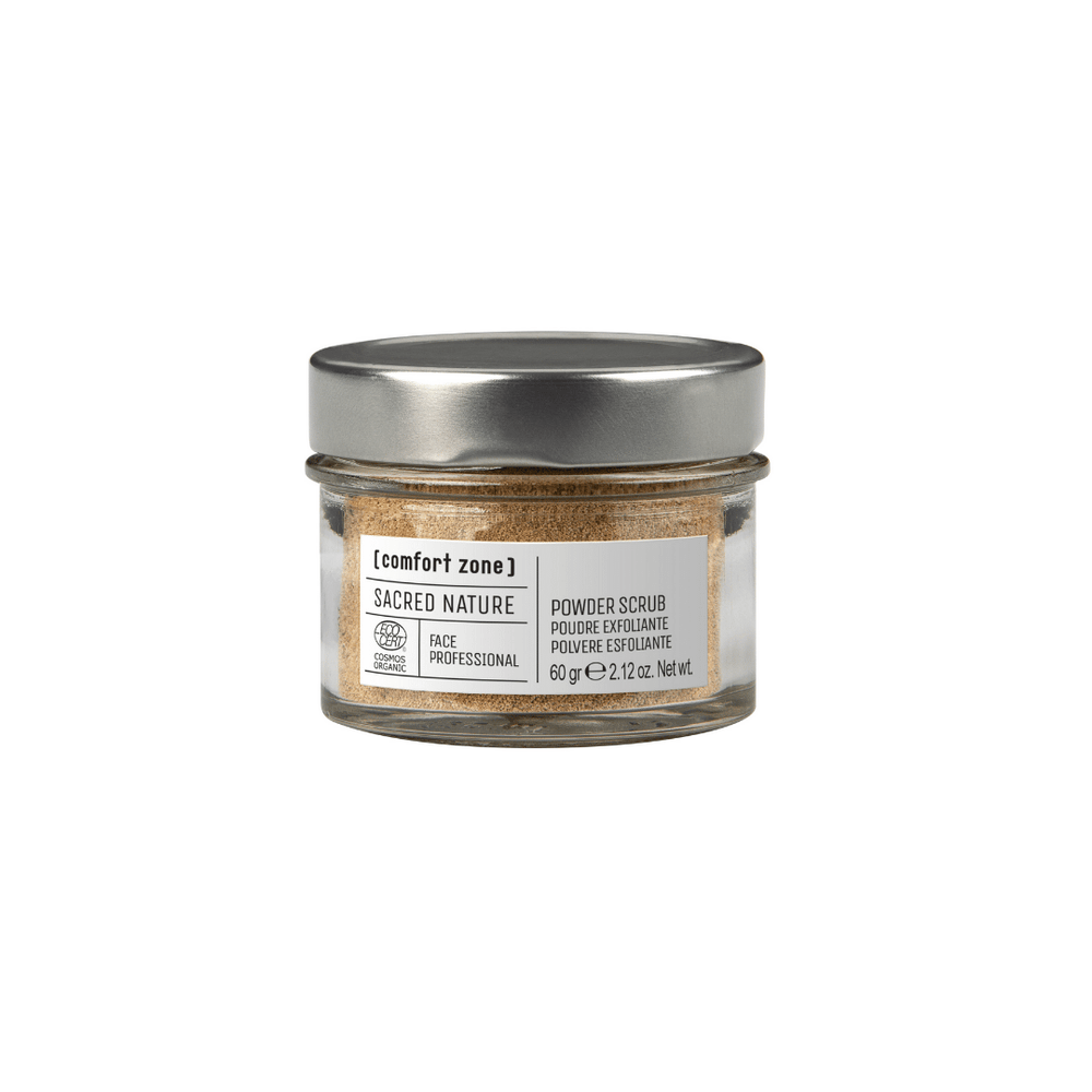 Glass jar of Sacred Nature Powder Scrub Professional | [ comfort zone ] with beige scrub powder inside and silver metal lid, suitable for skincare and body care routines.