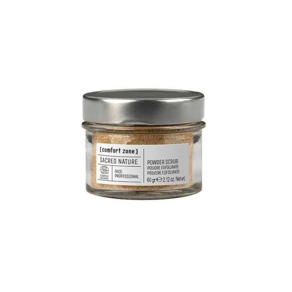 Glass jar of Sacred Nature Powder Scrub Professional | [ comfort zone ] with beige scrub powder inside and silver metal lid, suitable for skincare and body care routines.