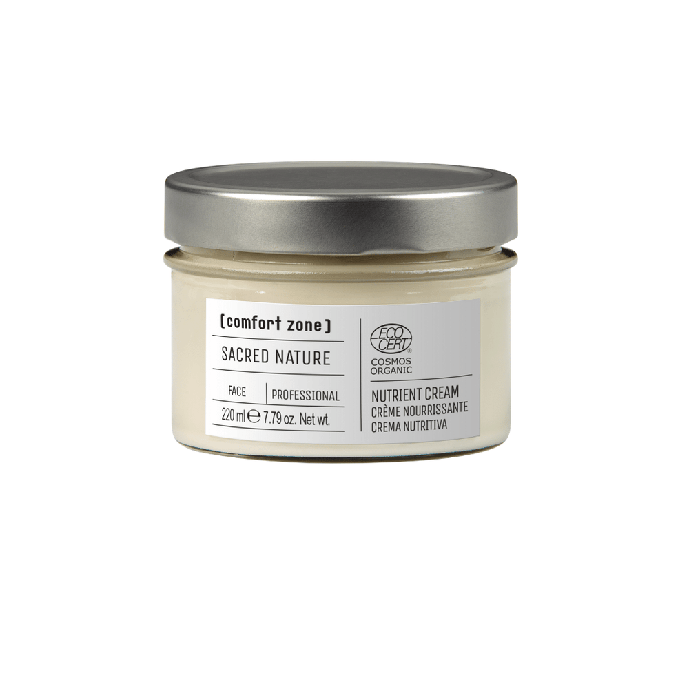 Jar of Sacred Nature Nutrient Cream Professional | [ comfort zone ] with a silver lid, featuring natural skincare for face care in a clear glass container.