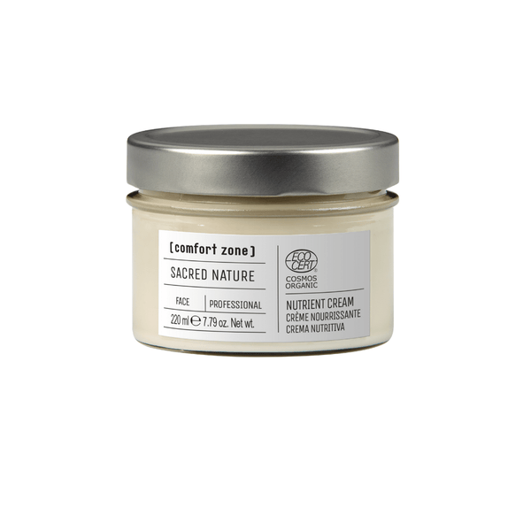 Jar of Sacred Nature Nutrient Cream Professional | [ comfort zone ] with a silver lid, featuring natural skincare for face care in a clear glass container.