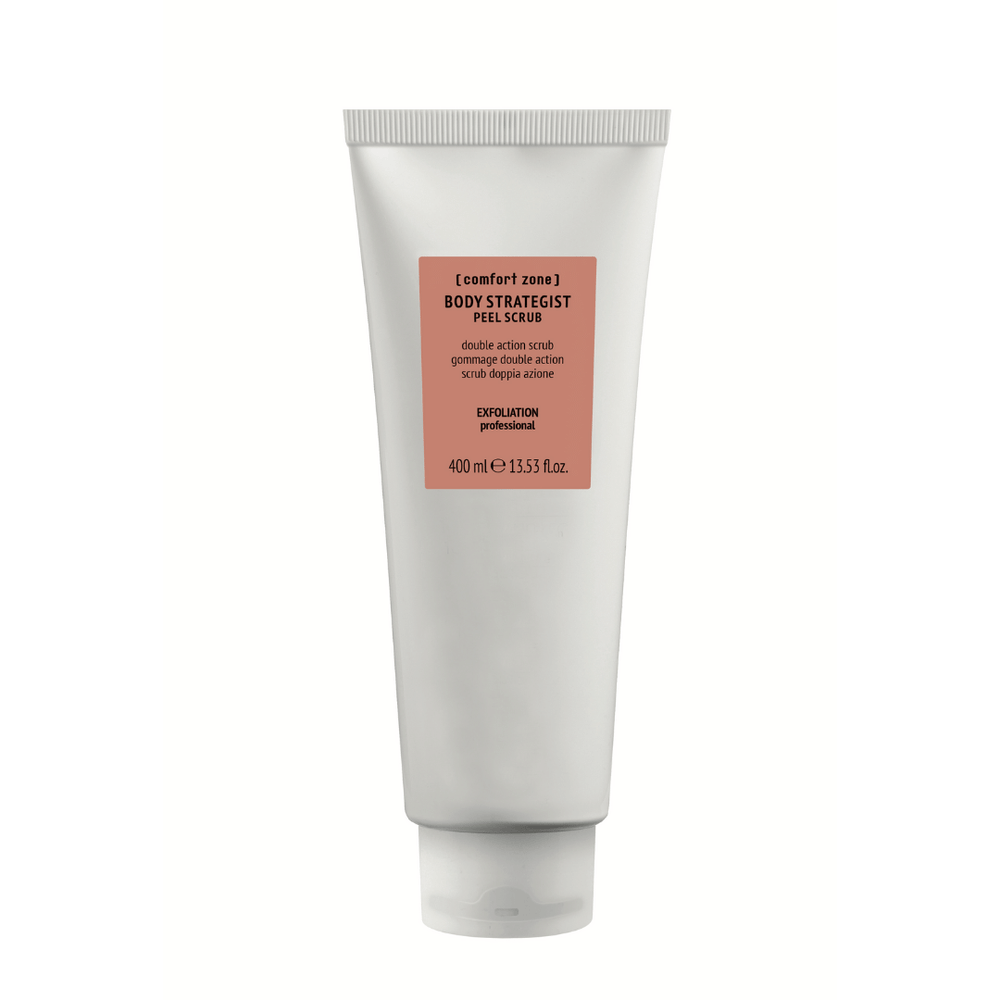 Tube of Body Strategist Scrub Professional | [ comfort zone ] with a minimalistic design, featuring a muted beige label on a white background, ideal for skincare and body care routines.