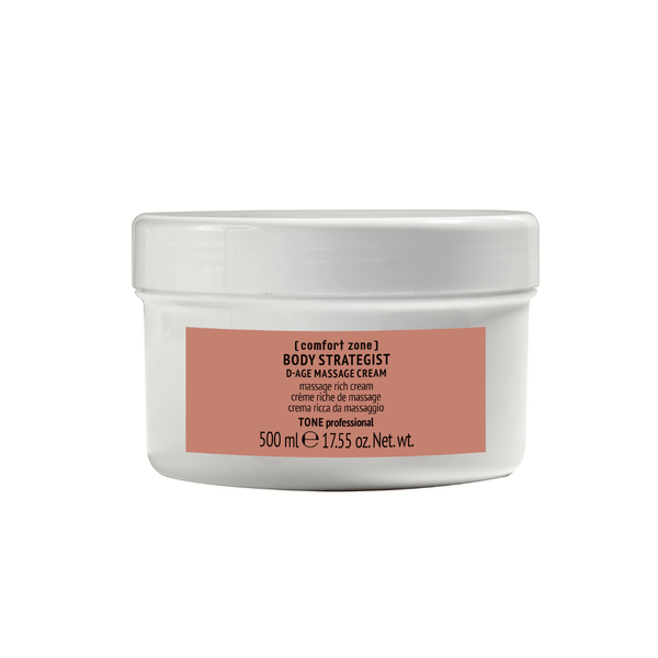 Body Strategist D-Age Massage Cream Professional | [ comfort zone ] in a white jar with a brown label, a rich cream for skincare and body care in wellness routines.