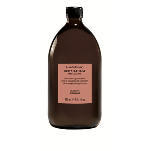 Brown glass bottle of Body Strategist Massage Oil Professional | [ comfort zone ] with a minimalist label designed for skincare and body care treatments.