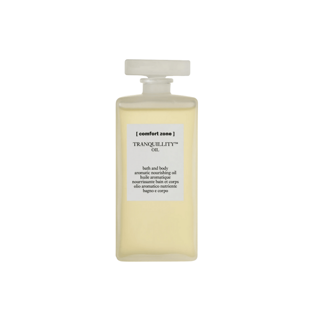 Minimalist bottle of Tranquillity Oil (Bath & Body) | [ comfort zone ], a nourishing aromatic oil for skincare and body care promoting wellness and relaxation.
