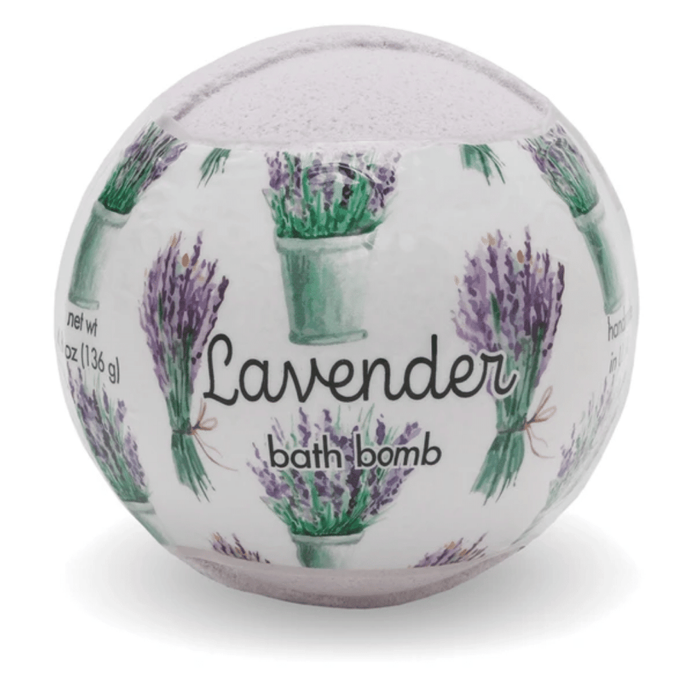 Lavender Bath Bombs | Primal Elements featuring a spherical bath bomb wrapped in a lavender-themed design with hand-drawn lavender bouquets for a relaxing skincare and body care experience.