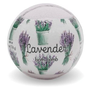 Lavender Bath Bombs | Primal Elements featuring a spherical bath bomb wrapped in a lavender-themed design with hand-drawn lavender bouquets for a relaxing skincare and body care experience.