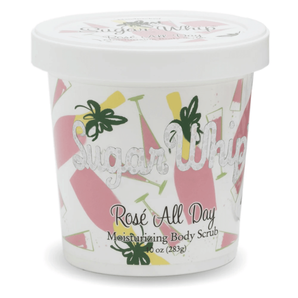 Container of Rose All Day Sugar Whip Body Scrub 10 oz | Primal Elements with a white lid and decorative pink and green design, used for moisturizing skincare and body care.
