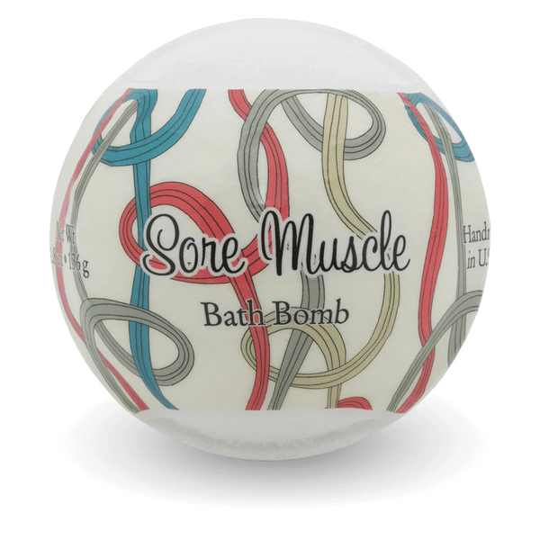 Sore Muscle Bath Bombs | Primal Elements round bath bomb with colorful abstract line design on packaging, promoting relaxation and muscle relief in body care.