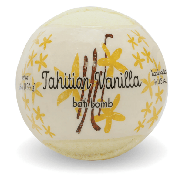 Round white Tahitian Vanilla Bath Bombs | Primal Elements with yellow floral design and vanilla bean illustrations, promoting skincare and wellness in a handmade product.