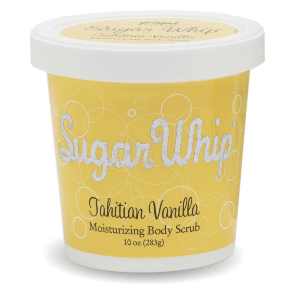 Container of Tahitian Vanilla Sugar Whip Moisturizing Body Scrub in bright yellow packaging with white lid, featuring "Tahitian Vanilla Sugar Whip Body Scrub 10 oz | Primal Elements" branding for skincare and body care.