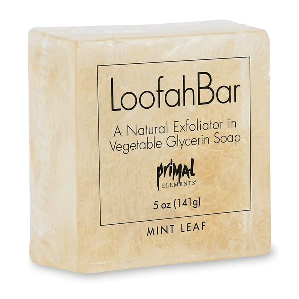 Loofah Bar Soaps 5.0 oz. | Primal Elements natural exfoliating soap bar with loofah texture, made with vegetable glycerin and mint leaf fragrance for skincare and body care.