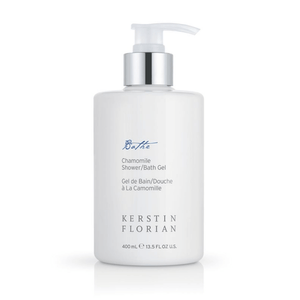 Bottle of Chamomile Shower/Bath Gel | Kerstin Florian with a white pump dispenser, designed for gentle skincare and body care.