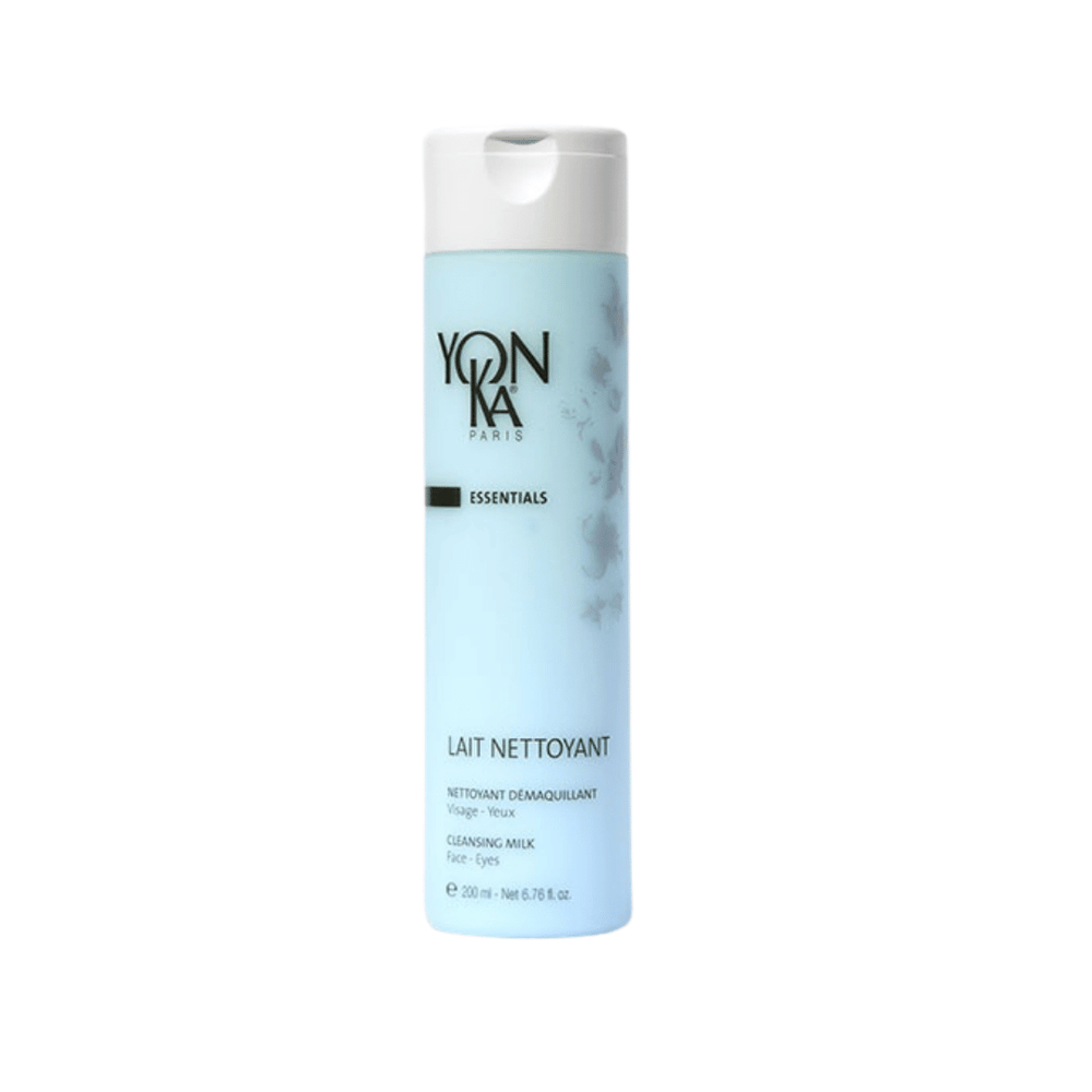 Bottle of Lait Nettoyant - Velvety Milky Cleanser I Yon-Ka Paris in light blue packaging designed for gentle skincare on face and eyes.