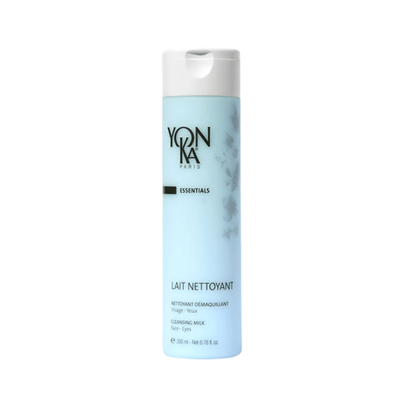 Bottle of Lait Nettoyant - Velvety Milky Cleanser I Yon-Ka Paris in light blue packaging designed for gentle skincare on face and eyes.