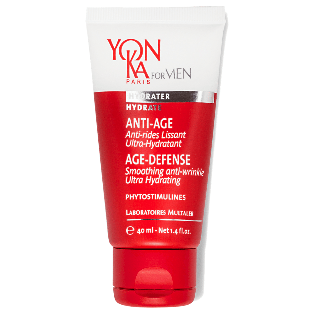 Tube of Men’s Age Defense – Ultra-Hydrating, Line Prevention Cream I Yon-Ka Paris in red and white packaging for skincare and anti-wrinkle hydration.