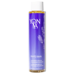 Bottle of Phyto Bain - Invigorating, Relaxing Aromatic Bath I Yon-Ka Paris, a purple skincare product designed for energizing and revitalizing bath and shower use.