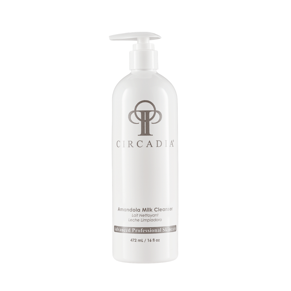 A white pump bottle of Amandola Milk Cleanser (Professional) | Circadia, a skincare product designed for gentle and effective cleansing in professional skin care routines.