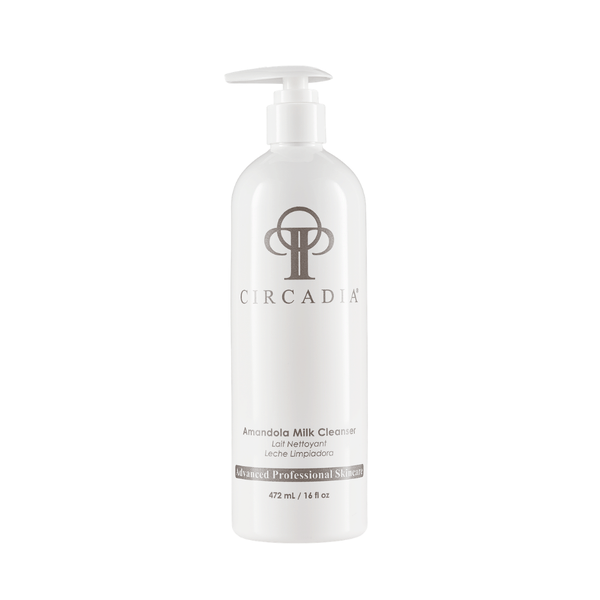 A white pump bottle of Amandola Milk Cleanser (Professional) | Circadia, a skincare product designed for gentle and effective cleansing in professional skin care routines.