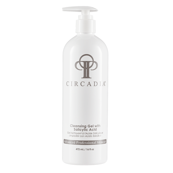 White pump bottle of Cleansing Gel with Salicylic Acid (Professional) | Circadia, featuring the brand logo and labeled as advanced professional skincare for skincare use.