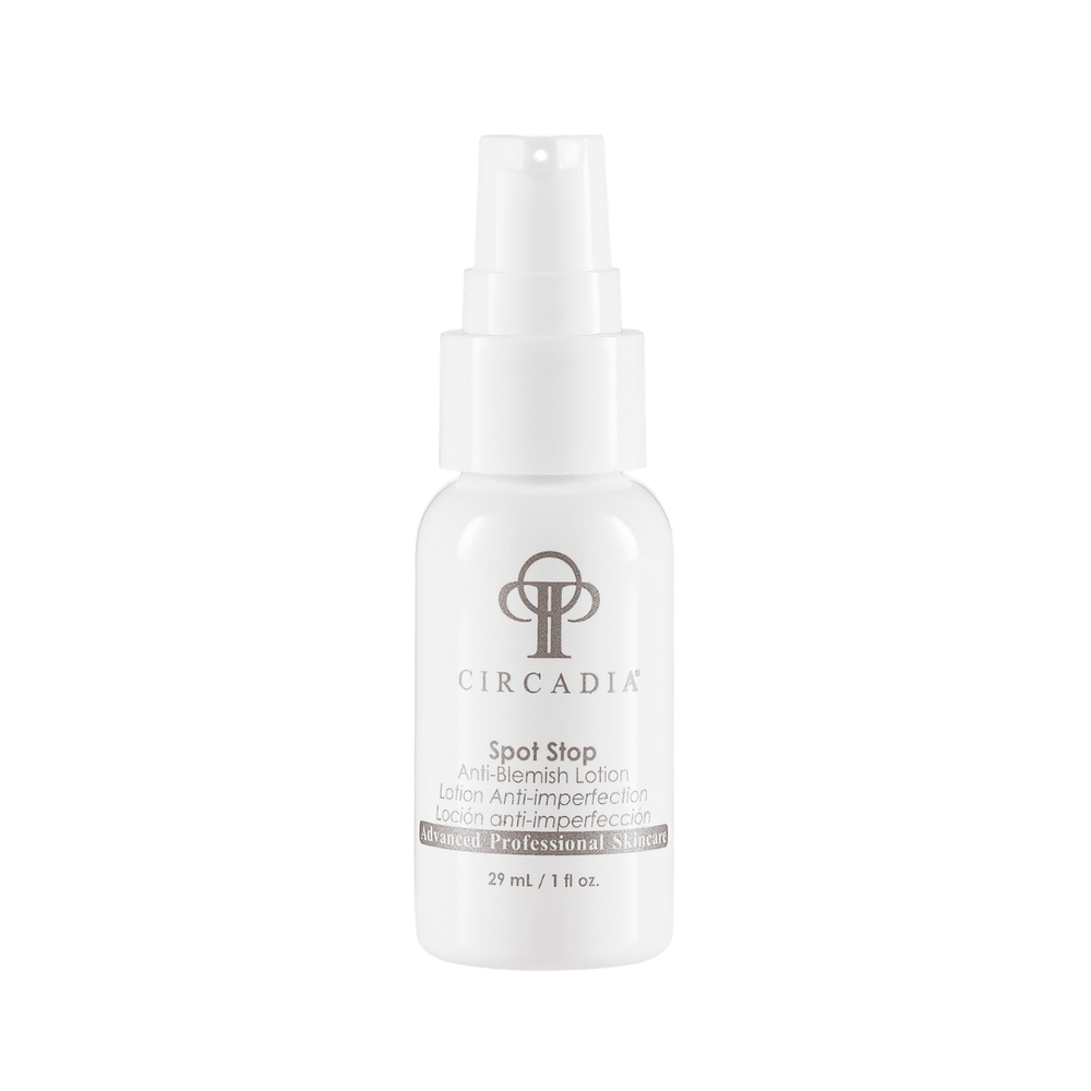 White pump bottle of Spot Stop (Professional) | Circadia anti-blemish lotion for skincare with minimalistic branding and 29 ml capacity.