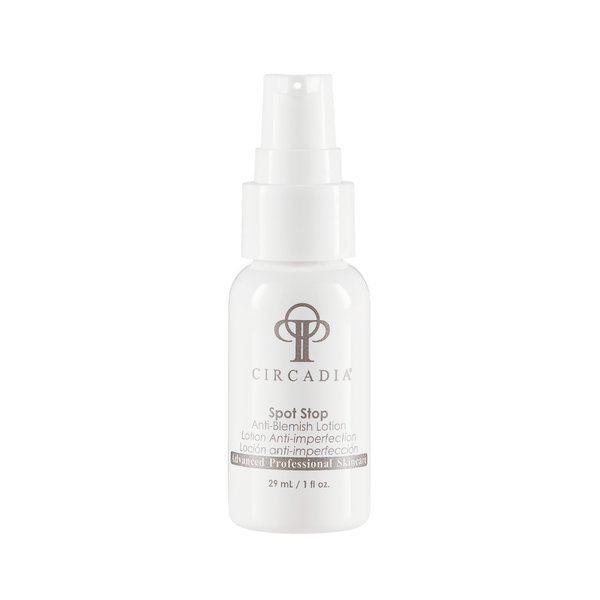 White pump bottle of Spot Stop (Professional) | Circadia anti-blemish lotion for skincare with minimalistic branding and 29 ml capacity.