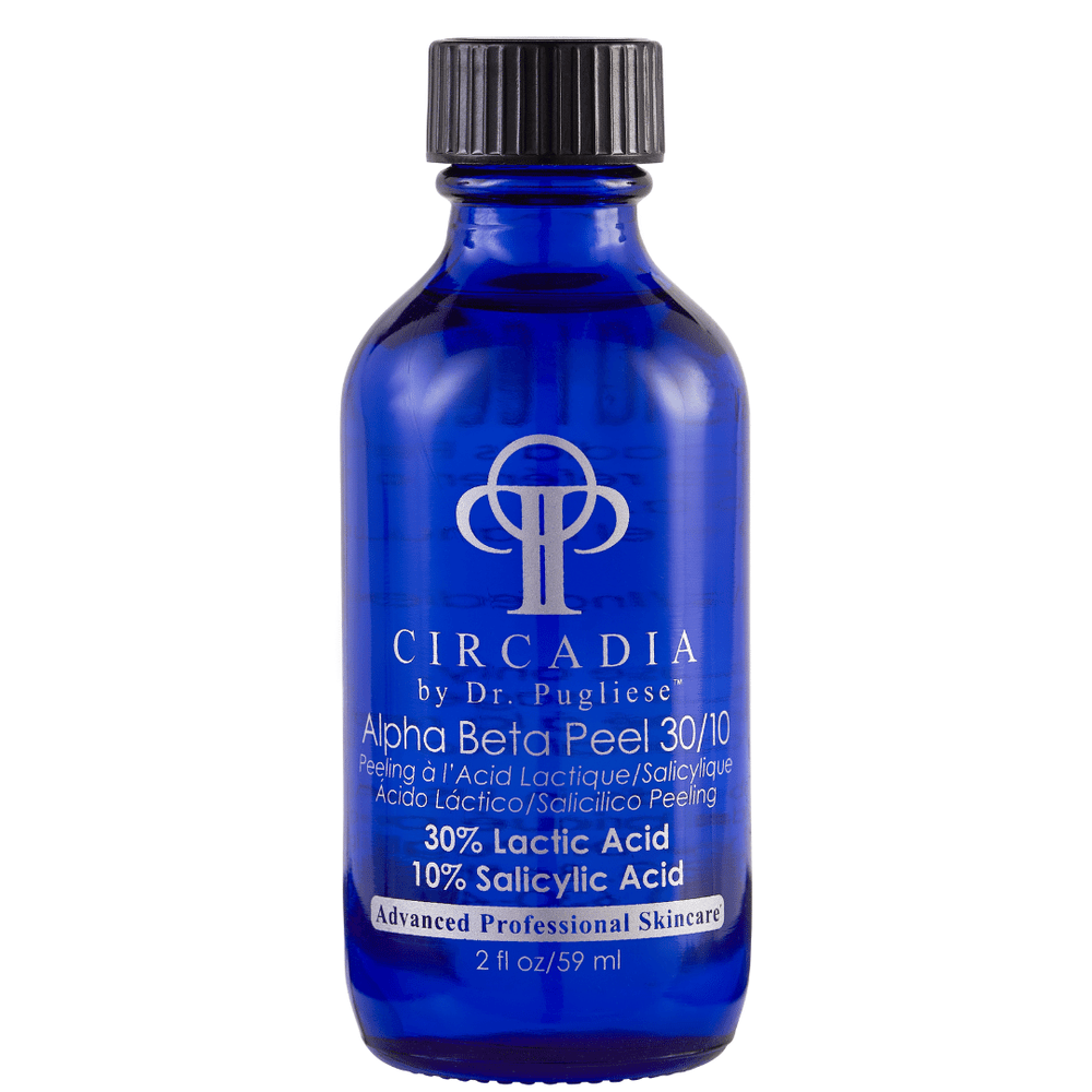 Blue glass bottle of Alpha/Beta Peel 30/10 | Circadia containing 30% lactic acid and 10% salicylic acid for advanced professional skincare.