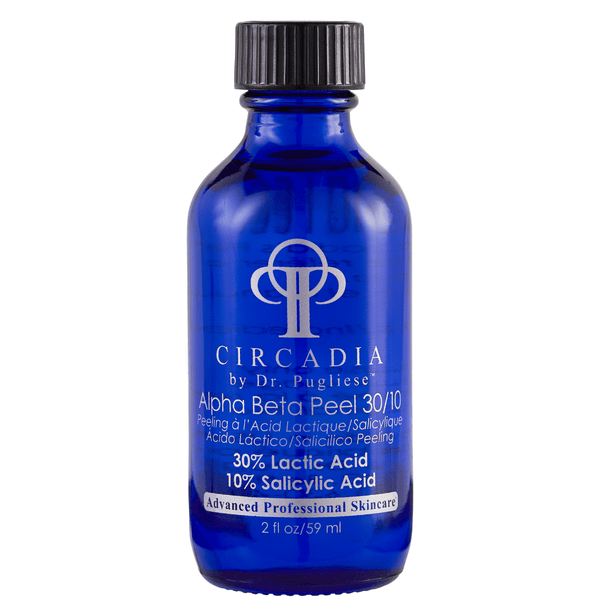 Blue glass bottle of Alpha/Beta Peel 30/10 | Circadia containing 30% lactic acid and 10% salicylic acid for advanced professional skincare.
