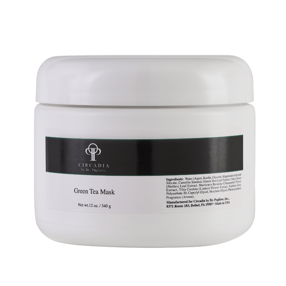 White jar container of Green Tea Mask (Professional) | Circadia, a skincare product with black label detailing ingredients and brand logo.