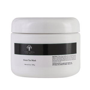 White jar container of Green Tea Mask (Professional) | Circadia, a skincare product with black label detailing ingredients and brand logo.