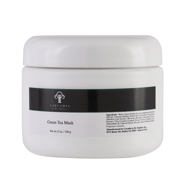 White jar container of Green Tea Mask (Professional) | Circadia, a skincare product with black label detailing ingredients and brand logo.