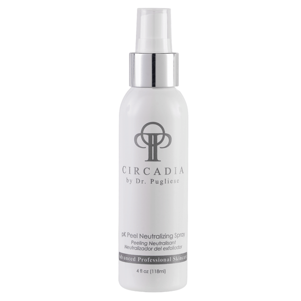 White bottle of pK Peel Neutralizing Spray (Professional) | Circadia with a silver pump dispenser, designed for professional skincare use to neutralize chemical peels.