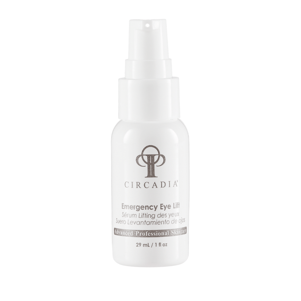 White pump bottle of Emergency Eye Lift (Professional) | Circadia advanced professional skincare serum for targeted eye area treatment and revitalization.
